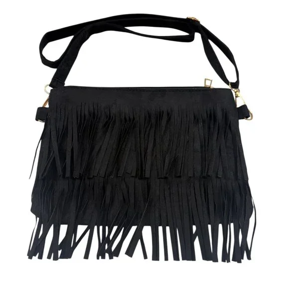 Boho Chic Fringe/ Two Tiered Tassel Shoulder/ Crossbody Bag/ Purse - Black - NWT - Picture 1 of 8